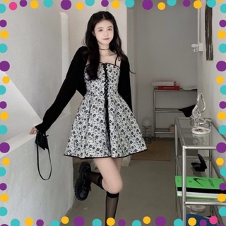 Đầm dây hoa nhí xoè dây rút + cardigan khoác siêu xinh
