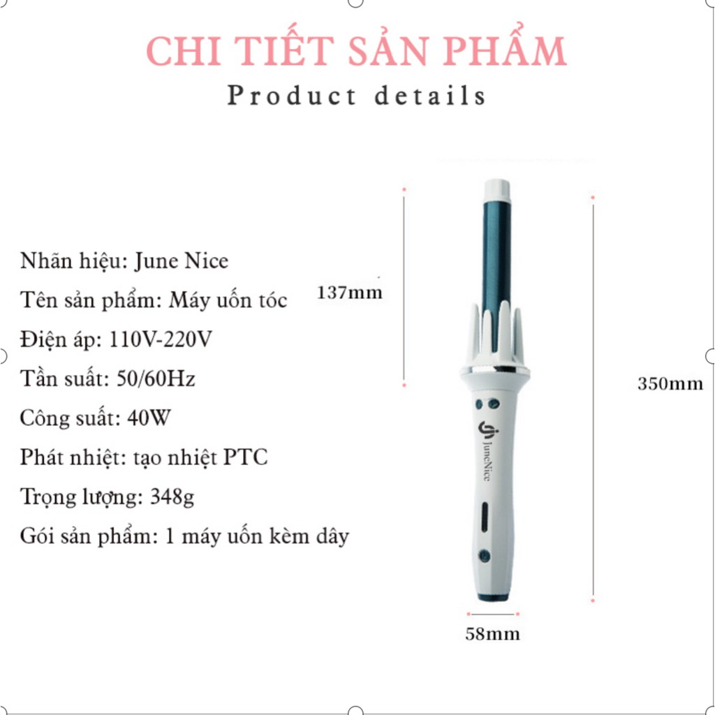 Máy uốn tóc tự động tạo nếp đơn giản dễ dàng, giúp tóc trở nên tự nhiên hơn với PTC làm nóng tốt máy uốn JN June Nice