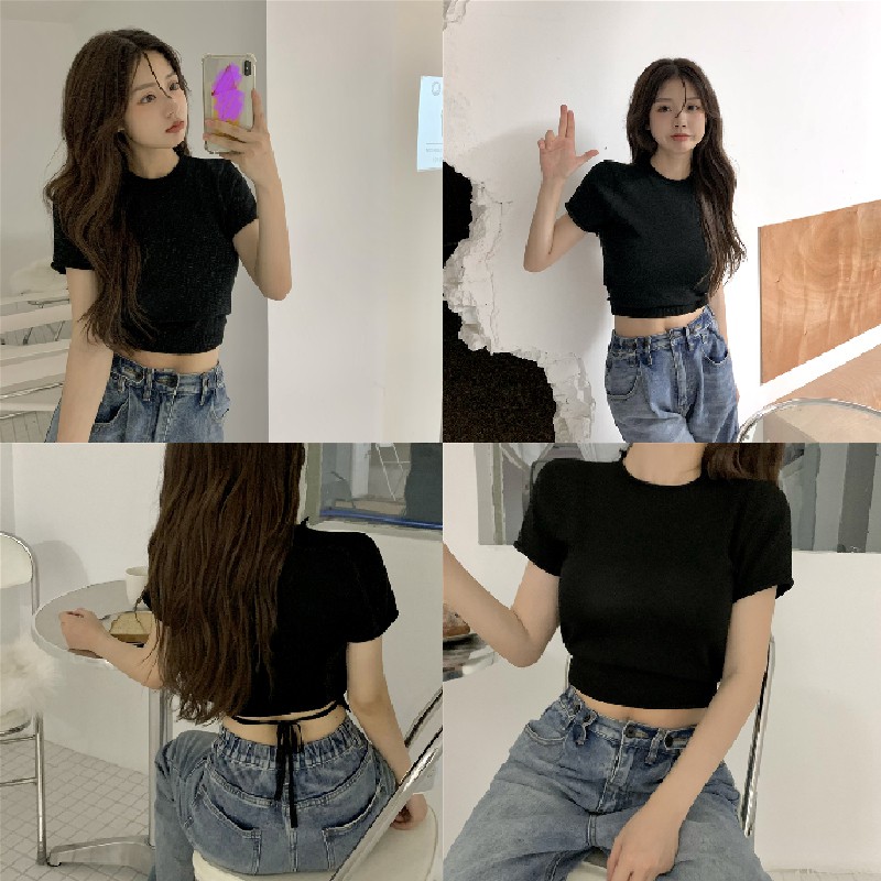 【Cocory】 Áo Croptop Cổ Tròn Tay Ngắn Dáng Ôm Quyến Rũ Thời Trang Mùa Hè