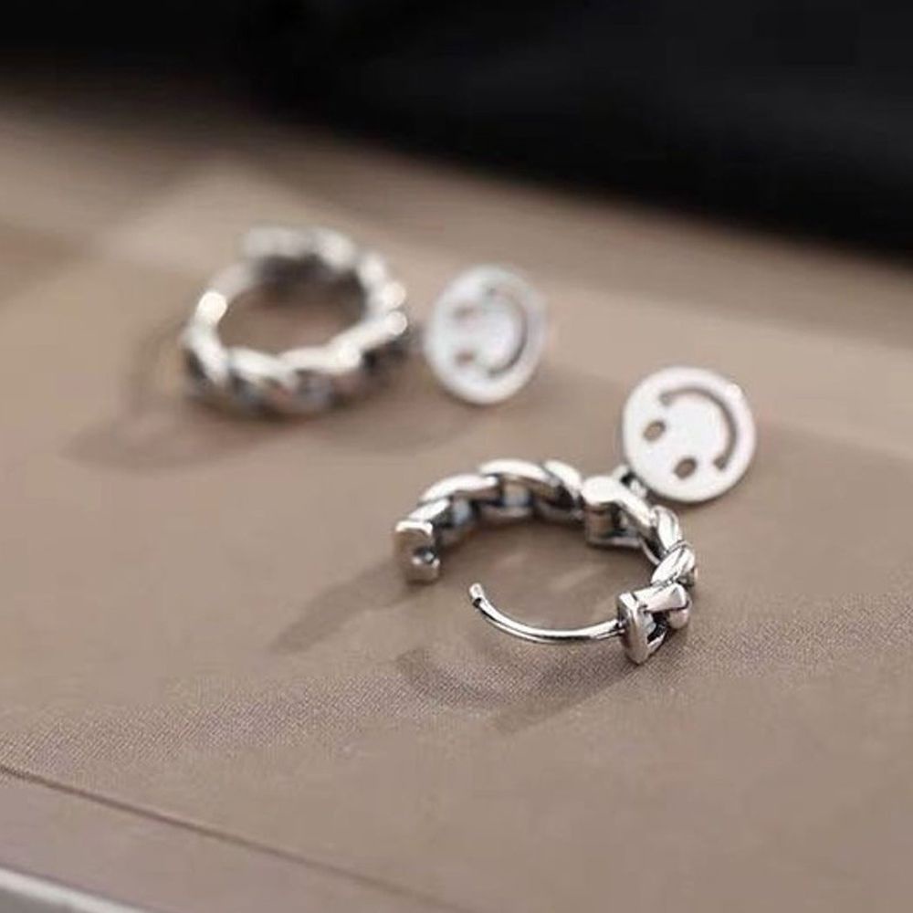 ANEMONE Khuyên tai vòng tròn bằng đồng màu trơn mặt cười phong cách đường phố Hàn Quốc cá tính cho nữ