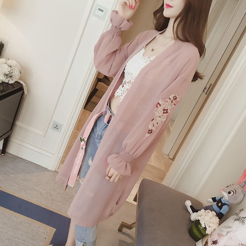 Aó khoác dài CARDIGAN nữ mùa hè 2019 chất voan dài tay thêu hoa chống nắng YT.01526