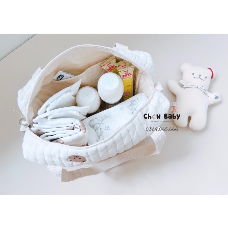 Túi Bỉm Sữa Đa Năng Chần Bông Thêu Hình Kiểu Hàn Quốc