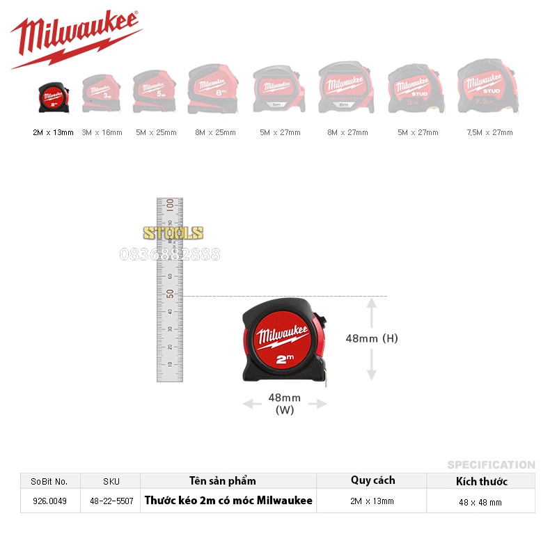 Thước rút 2m có móc chìa khoá Milwaukee chính hãng Mỹ siêu bền, thước cuộn thép công nghiệp độ chính xác chuyên nghiệp