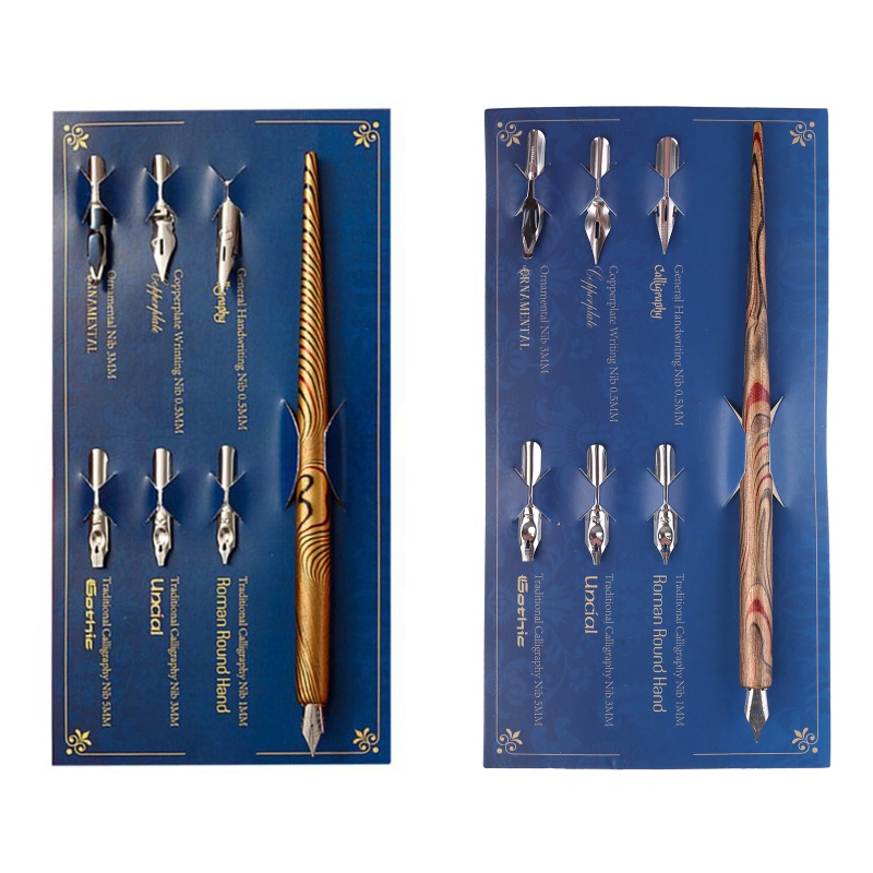 Seng Giá Đỡ Bút Thư Pháp / Vẽ Tranh Nghệ Thuật Bằng Gỗ Manga Vân Cẩm Thạch Kèm 6 Ngòi Thay Thế