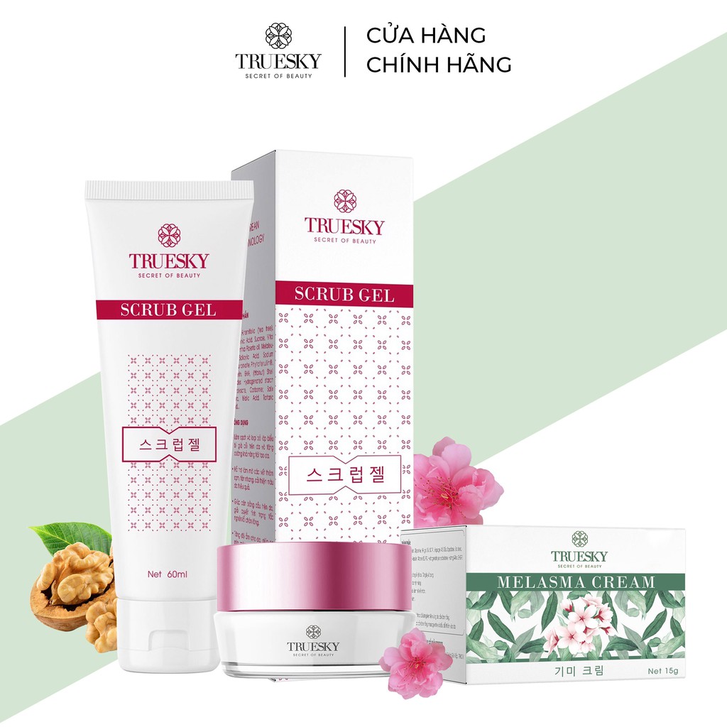 Bộ sản phẩm làm mờ nám da mặt Truesky V02 gồm 1 kem nám da Melasma Cream 15g và 1 gel tẩy tế bào  Scrub Gel 60ml