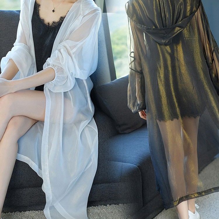 Áo Khoác Sơ Mi Chiffon Mỏng Dáng Rộng Dài Qua Gối Có Mũ Trùm Đầu Chống Nắng Mùa Hè Cho Nữ