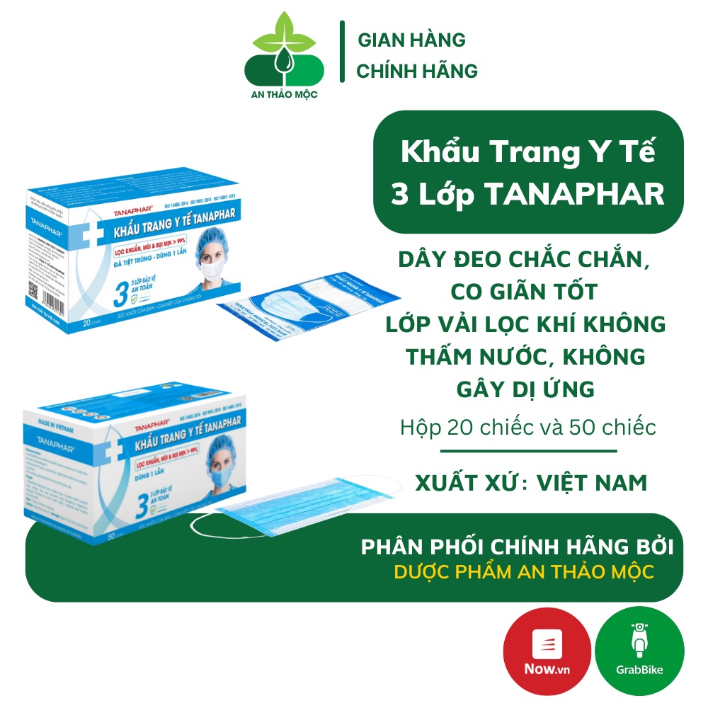 Khẩu trang y tế 3 lớp TANAPHAR không thấm nước không độc hại co giãn tốt lọc khí ngăn cản khói bụi hiệu quả