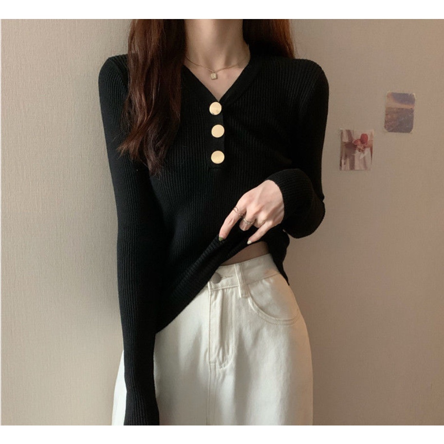 Áo Sweater cổ chữ V màu đen thời trang thu đông cho nữ