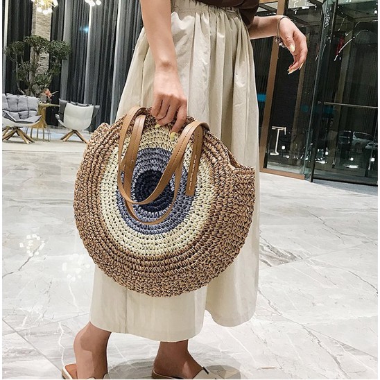 Túi đeo vai rơm mây đan hình tròn kiểu Bohemian đi biển cho phụ nữ