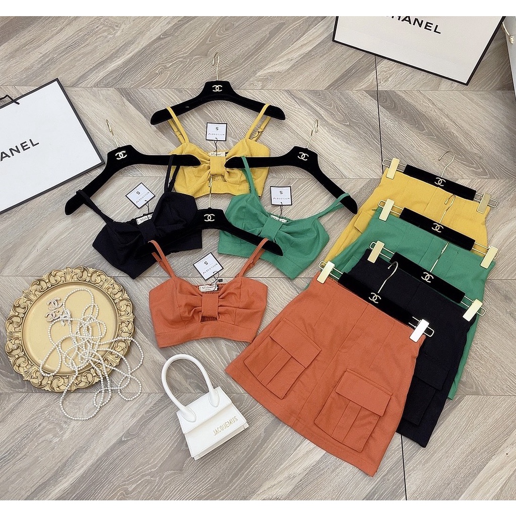 Sét áo 2 dây phối nơ cùng chân váy nắp túi MQ CLOTHING