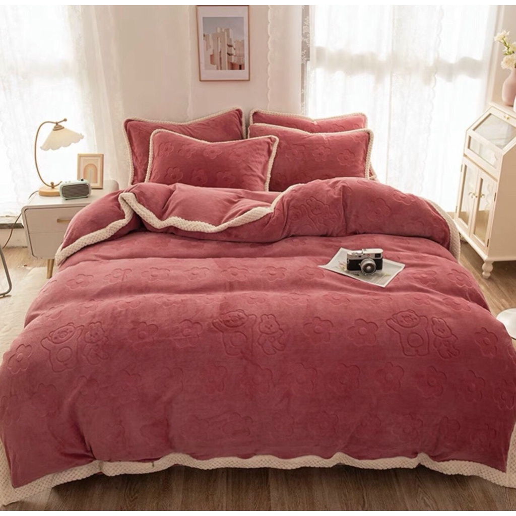 SÉT 4 MÓN NỈ NHUNG GẤU HOA VIỀN DỆT THỪNG,CHẤT NHUNG MỊN IN GẤU CHÌM CAO CẤP  - loại 1