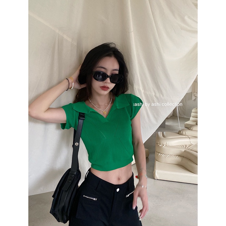 Porozi  Áo thun dệt kim  mỏng tay ngắn cổ polo thời trang Hàn Quốc dành cho nữ