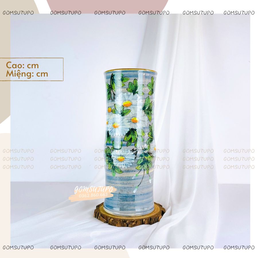 Lọ Hoa Vẽ Hoa Sen, Cúc Trắng - Bình Hoa Decor Để Bàn Trang Trí gomsutupo - Gốm Sứ TUPO Bát Tràng
