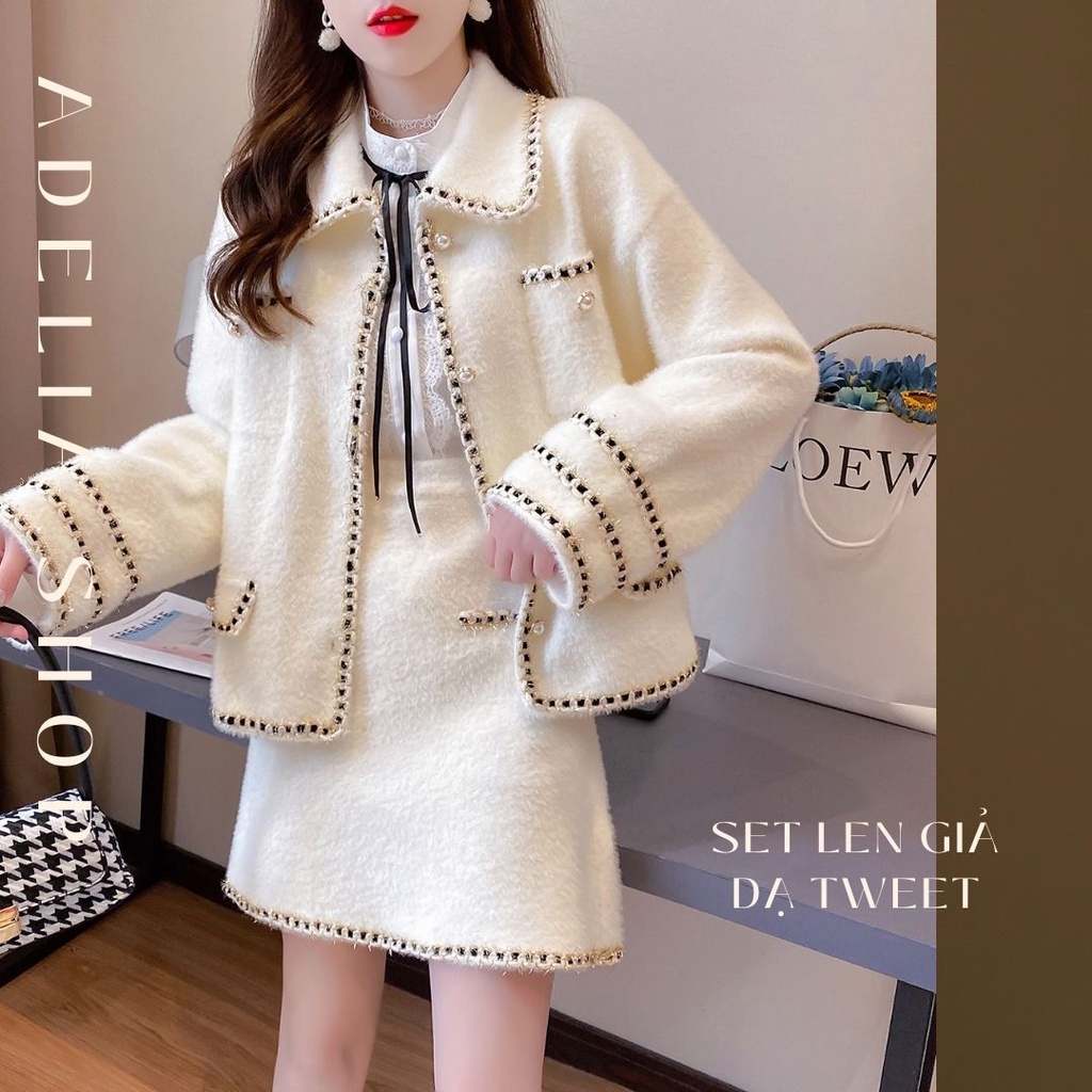 LEN DẠ TWEET | Set Len Giả Dạ Tweet Nữ Mùa Đông Dệt Kim Đen Trắng  Dày Dặn Gồm Áo Khoác Và Chân Váy Ulzzang | BigBuy360 - bigbuy360.vn