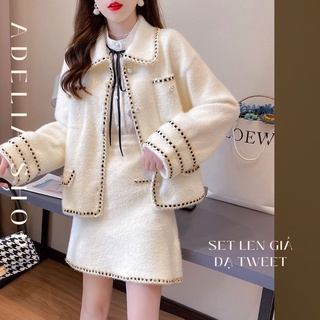 LEN DẠ TWEET | Set Len Giả Dạ Tweet Nữ Mùa Đông Dệt Kim Đen Trắng  Dày Dặn Gồm Áo Khoác Và Chân Váy Ulzzang