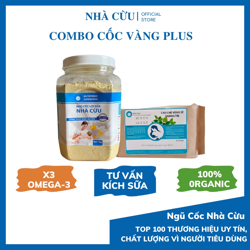 Combo ngũ cốc lợi sữa Nhà Cừu, 1kg bột ngũ cốc Cốc Vàng Plus và 0,5 kg cao chè vằng