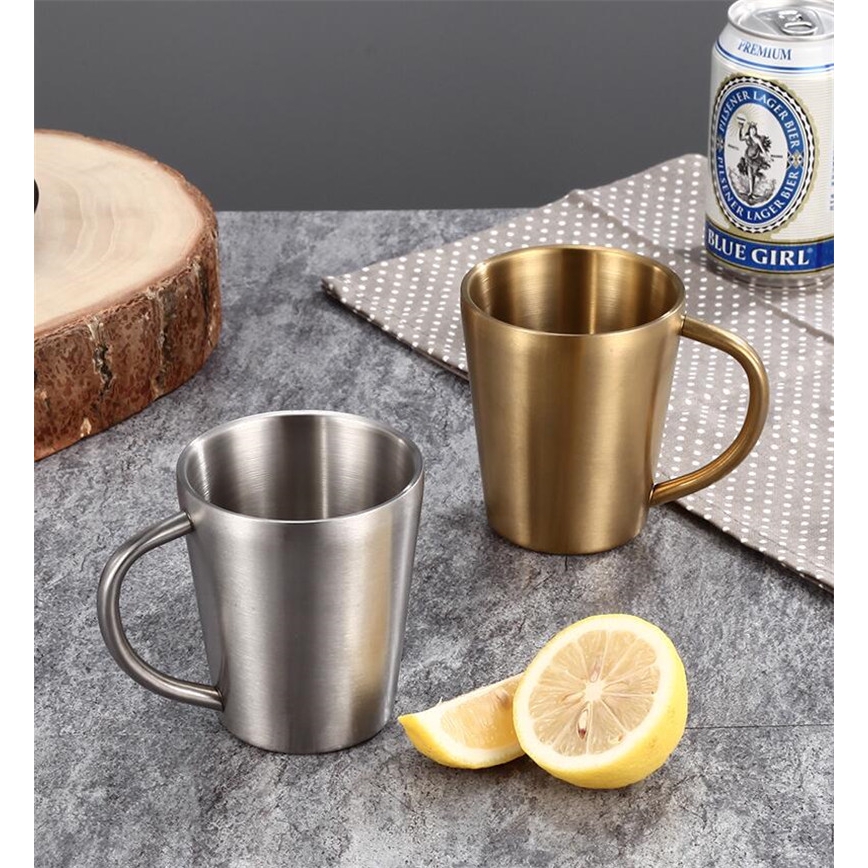 300ml Stainless Steel Mugs Espresso Cups Double-layer Anti-scalding Design Milk Tea Mug Vintage Golden Silver Lead-free Health Breakfast Cup