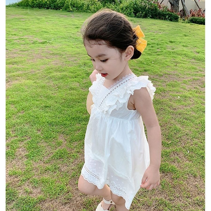 Đầm Công Chúa Sát Nách Chất Liệu Cotton Màu Trắng Cho Bé Gái