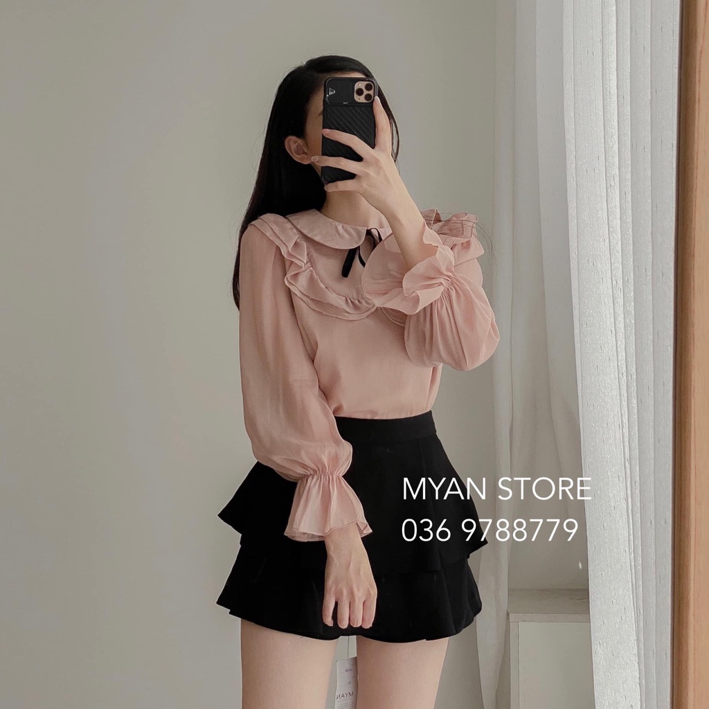 Áo tơ cổ sen nơ đen bèo yếm, chun tay avn042104