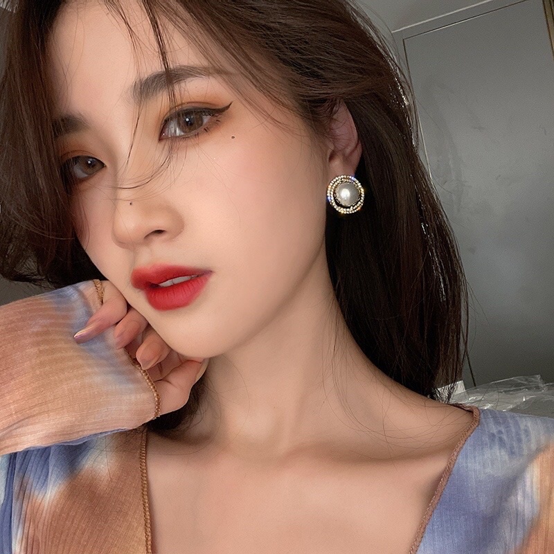 Bông Tai Hàn Quốc Hình Tròn Đính Đá Dự Tiệc Sang Trọng Qúy Phái Mainia Shop