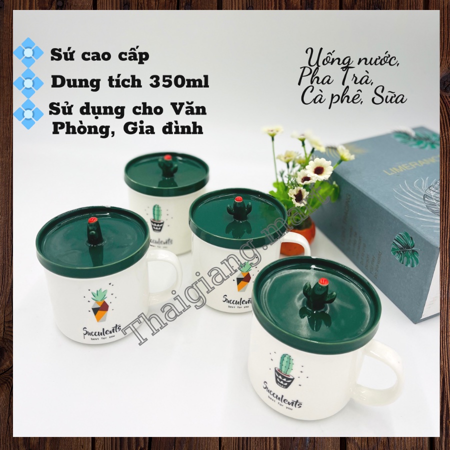 Cốc, ly sứ cao cấp uống nước, pha trà, cafe văn phòng, quà tặng họa tiết xương rồng 350ml