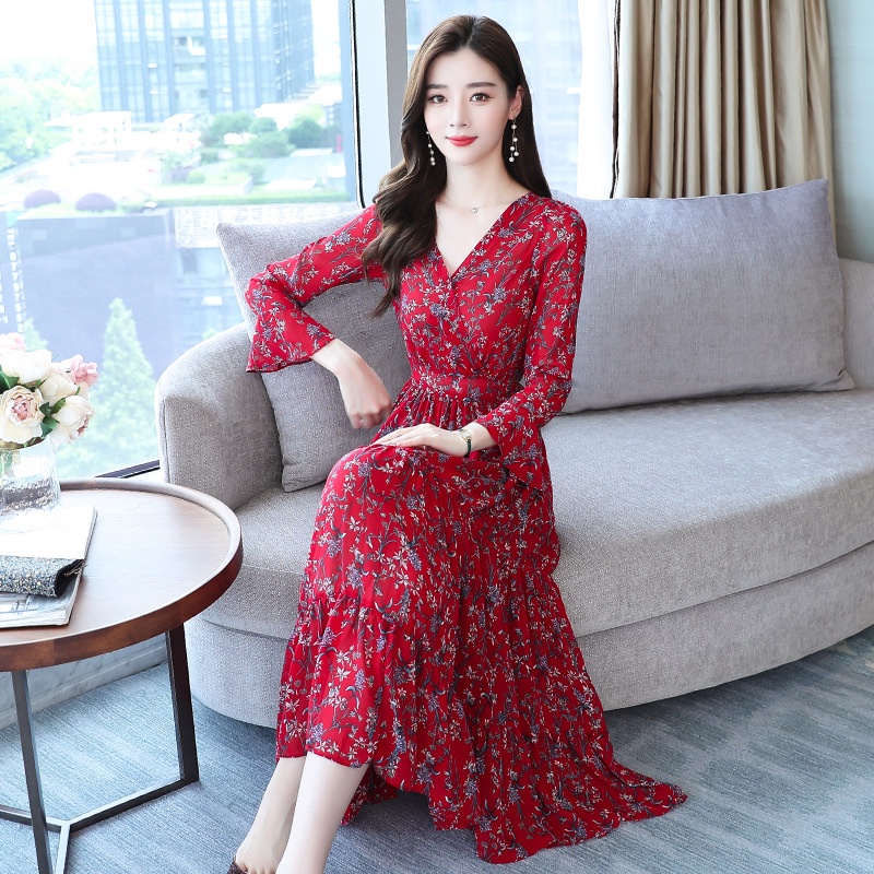 Đầm Voan Hoa Dài Qua Gối Tay Dài Cổ Chữ v Thời Trang Hàn Quốc