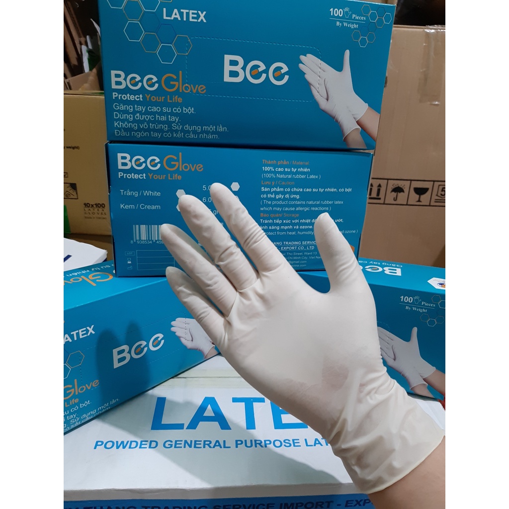 Hộp 50 đôi  Găng tay cao su Bee Glove Latex , có bột chính hãng Có Bột Màu Kem 6.0gr - Size S,M,L