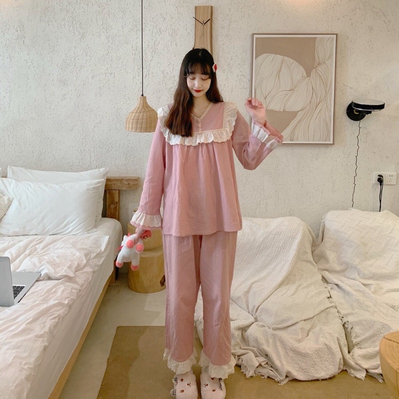 ĐỒ BỘ NỮ MẶC NHÀ tay dài cổ phối bèo viền ren tiểu thư Quảng Châu