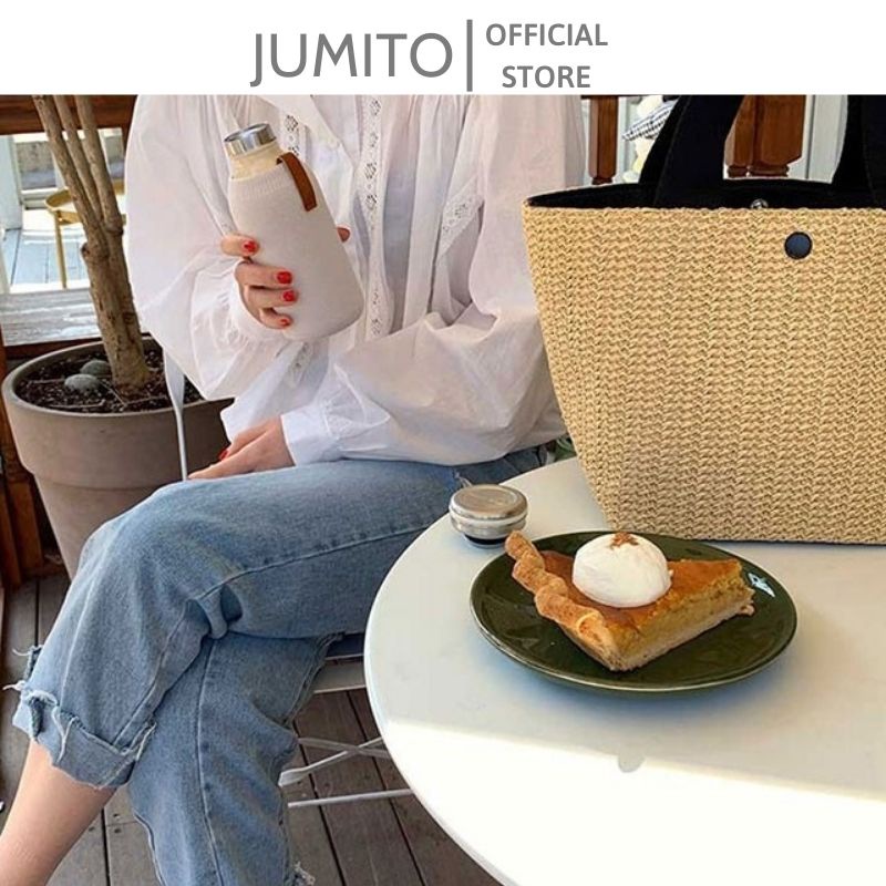 Túi xách nữ cói tote đi biển cầm tay size to vitage mẫu mới quai đen trắng JUMITO SF585