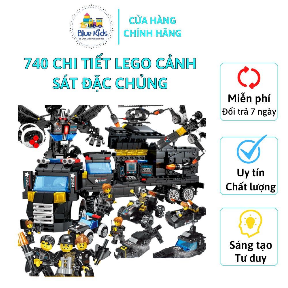 [740 CHI TIẾT + THÙNG ĐỰNG] Đồ chơi xếp hình Lego BLUE KIDS cảnh sát đặc chủng 28 mô hình, 14 cảnh sát