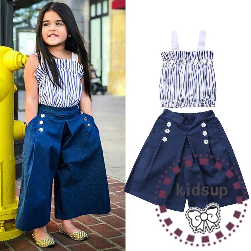 Set Áo Hai Dây Kẻ Sọc Dọc + Quần Denim Ống Rộng Thời Trang Mùa Hè Cho Bé Gái