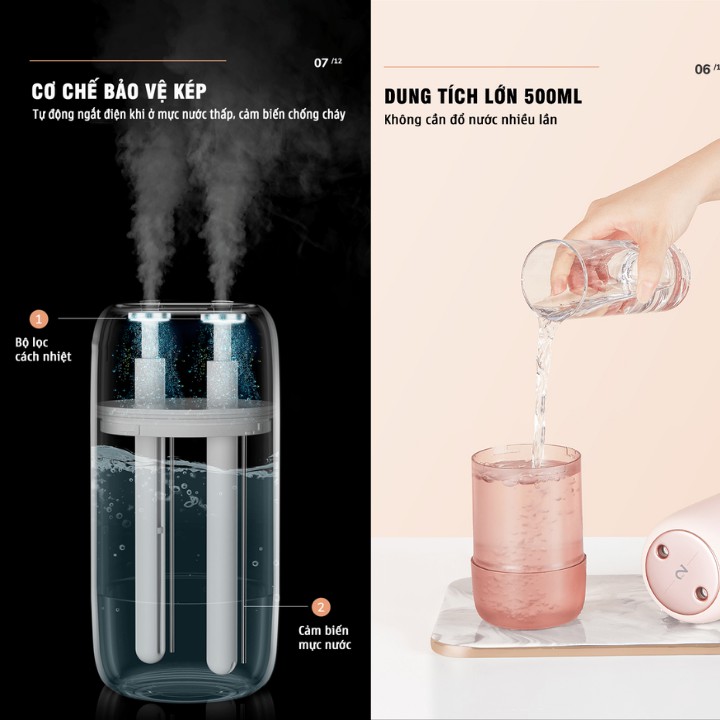 Máy phun sương tạo ẩm Jisulife JB08 - Máy tạo ẩm không khí và giữ ẩm da, dung tích 500ml - Hai chế độ phun đơn và kép