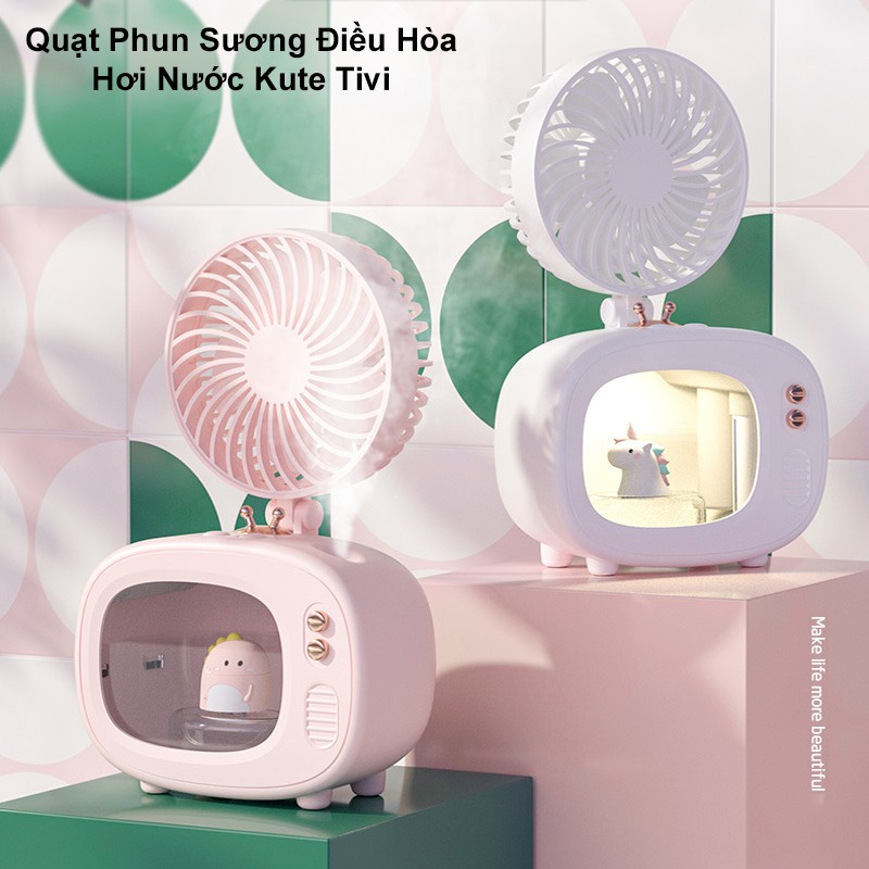 Quạt Phun Sương Mini Kute Hình Tivi Kiêm Đèn Ngủ, Điều Hòa Hơi Nước Tạo Ẩm Với 3 Chế Độ Gió, Sử Dụng Liên Tục 10H