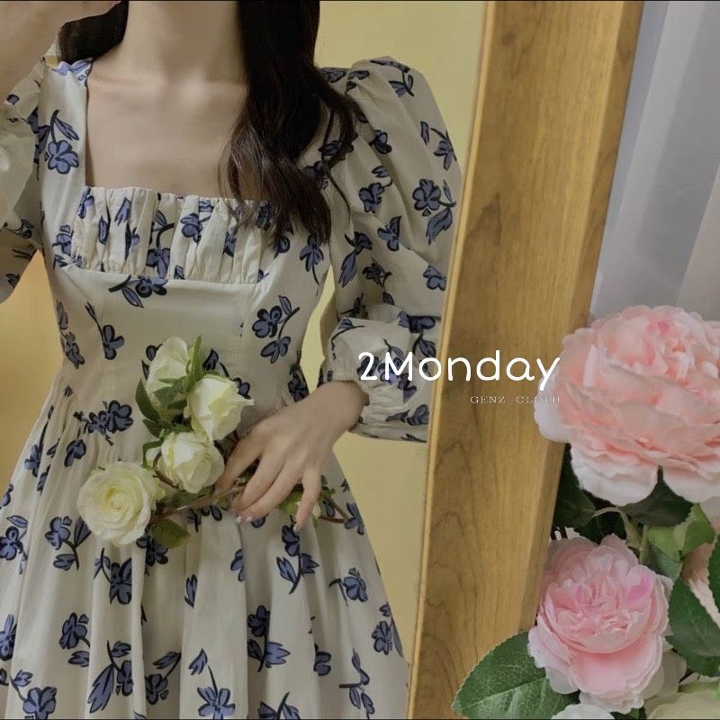 [Sẵn/ảnh thật] Váy hoa nina cổ vuông tay bồng xinh xắn bông xòe điệu tiểu thư có dây thắt