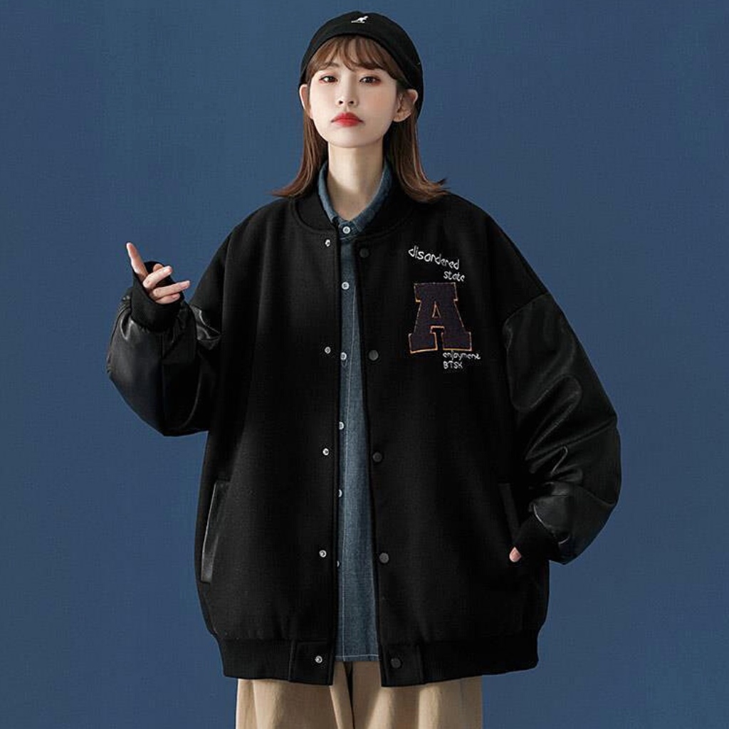 Áo khoác bomber bóng chày varsity jacket unisex nam nữ chất liệu kaki tay da