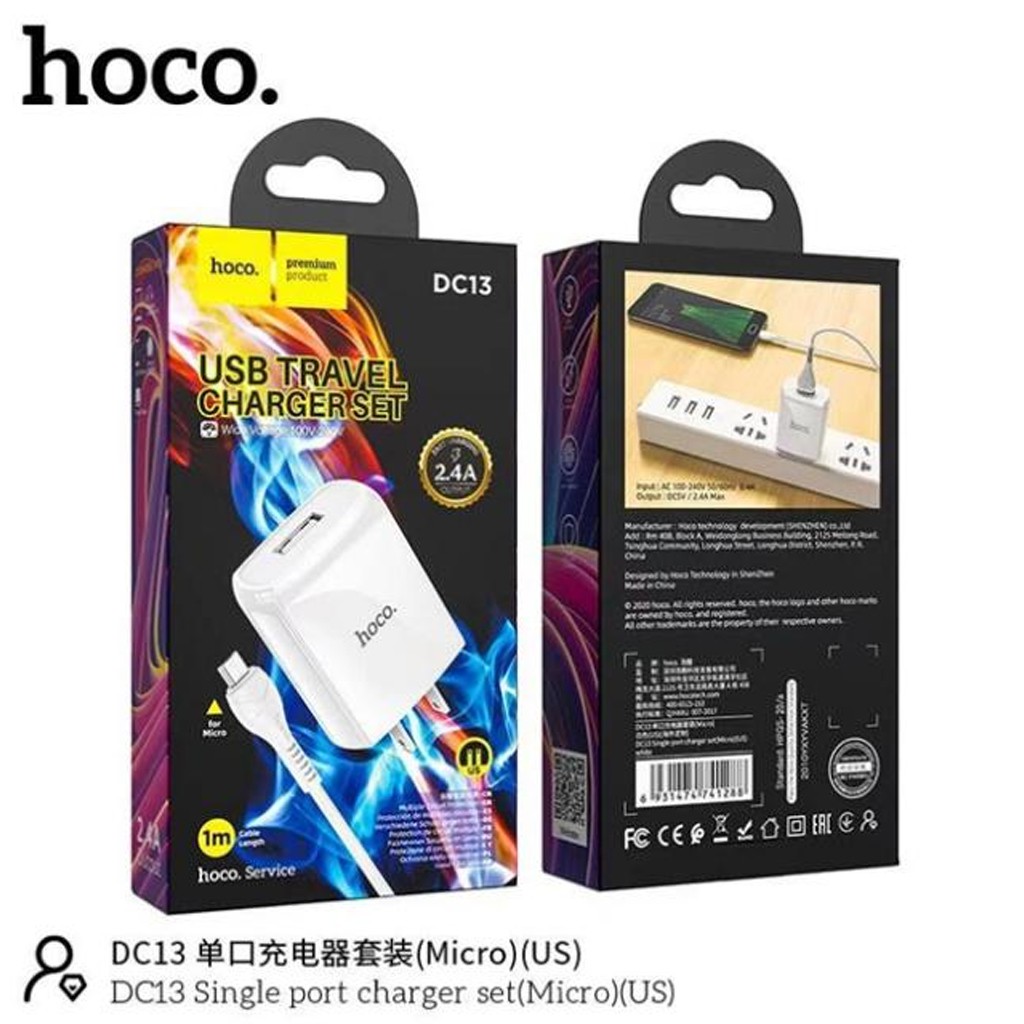 Bộ sạc Hoco DC13 Micro USB, sạc nhanh 2.4A, tương thích với nhiều dòng Xiaomi/Samsung/Oppo...,chân cắm dẹt tiêu chuẩn US