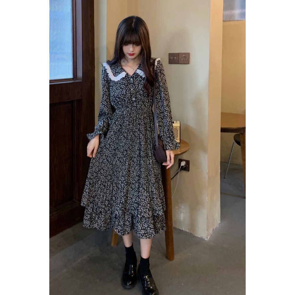 Đầm Hoa Cổ Chữ v Rộng Thời Trang retro Mùa Thu Năm 2021