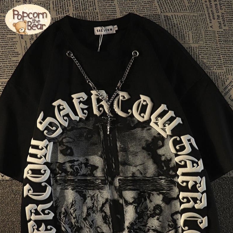 ♣Áo Thun Phong Cách Mỹ Cá Tính♣Áo Thun Tay Ngắn Dáng Rộng In Hình Chữ Thập/Gấu Phong Cách Hip Hop Đường Phố Dành Cho Nam