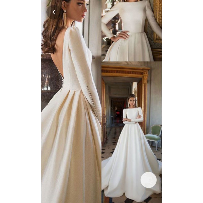 Váy cưới satin cô dâu tay dài hở lưng đính cúc bọc theo vải