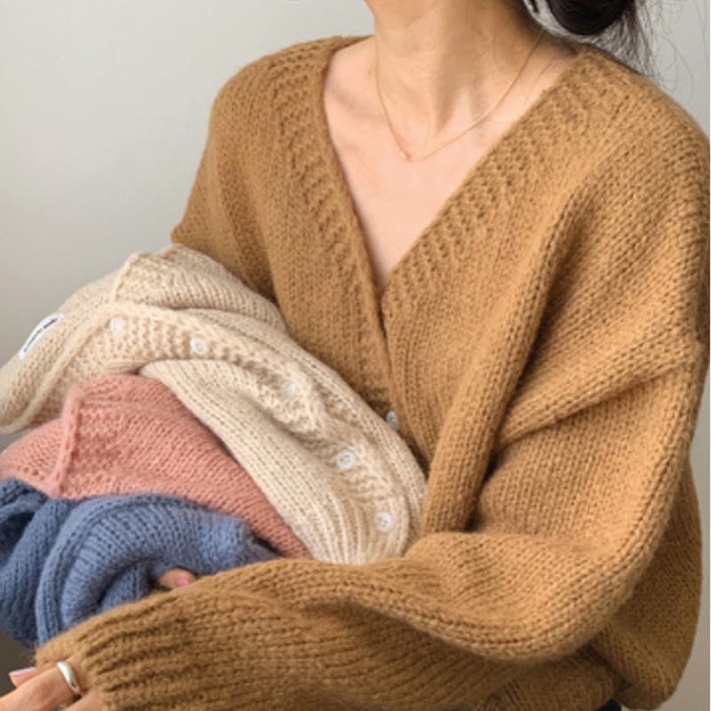 Áo Khoác Cardigan Dệt Kim Tay Dài Dáng Ngắn Phong Cách Retro Hợp Thời Trang