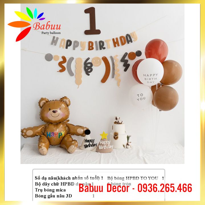 Set bóng gấu nâu 3D trang trí sinh nhật, thôi nôi cho bé BabuuDecor