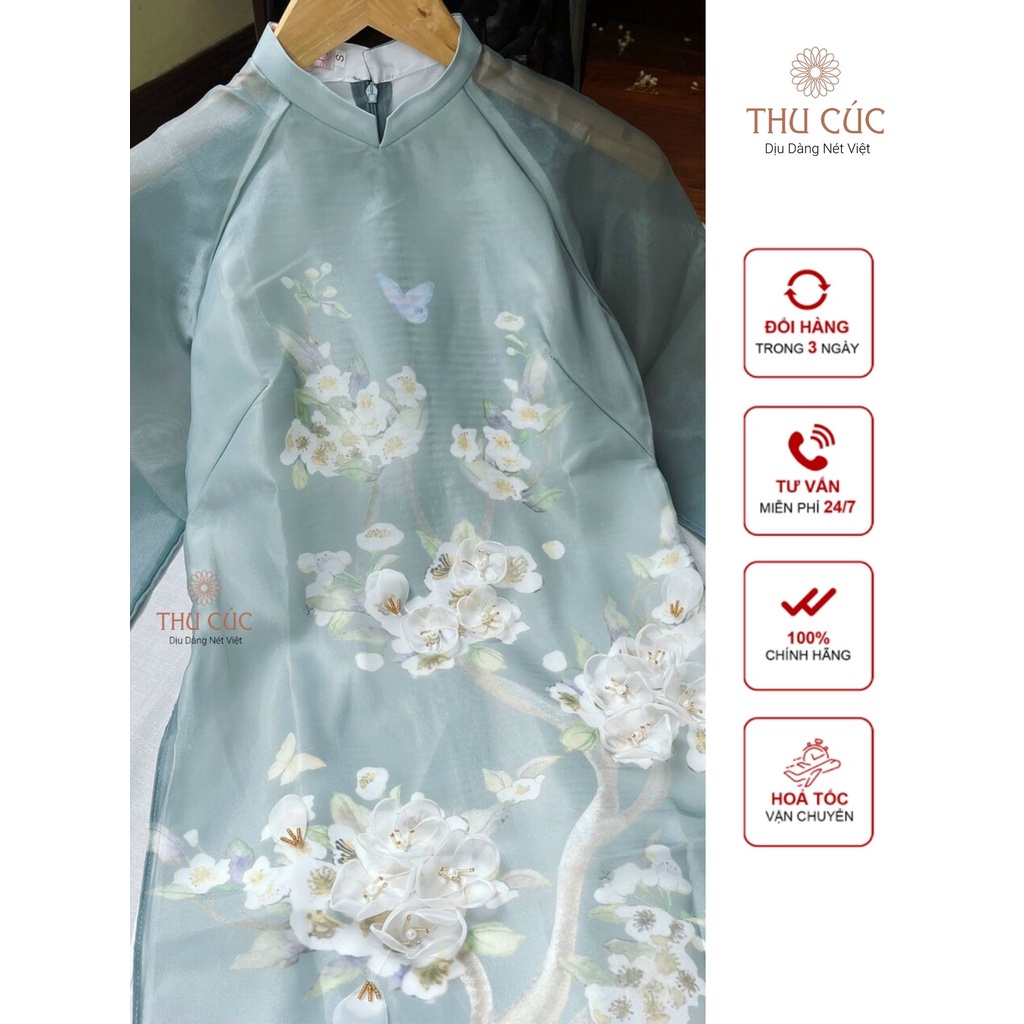 Áo Dài Cách Tân Thu Cúc  Đính Hoa Cao Cấp Màu Xanh Ngọc Mềm Mịn Thoáng Mát