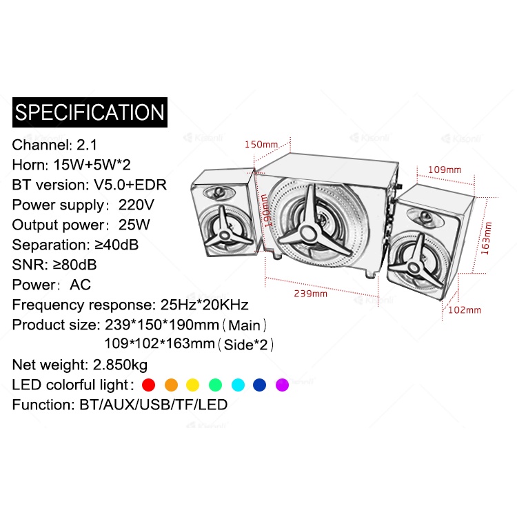 Loa Máy Tính Để Bàn Có Bluetooth LED RGB 2.1 Kisonli TM-7000A Loa Vi Tính Nghe Nhạc Laptop Pc Gaming Có Dây - Chính Hãng