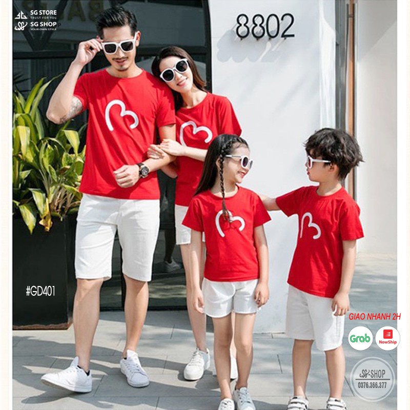Áo gia đình màu đỏ - Thun cotton 4 chiều - mẫu trái tim (GD401D) | SGSTORE1 Áo thun giá sỉ