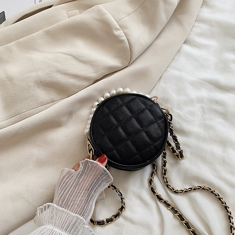 Túi đeo vai IELGY hình tròn cỡ nhỏ họa tiết hình thoi phối dây xích thời trang cho nữ