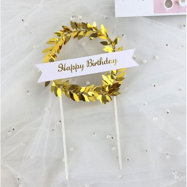 Vòng nguyệt quế Happy Birthday trang trí bánh kem, topper cake