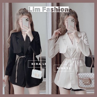 Áo khoác Blazer nữ cổ vest kèm dây xích siêu ngầu - Video ảnh thật freesize