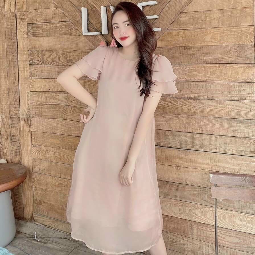 Váy bầu von hồng 2 lớp thiết kế trẻ trung dài đến gối mặc đi làm, đi chơi đi, dự tiệc, du lịch