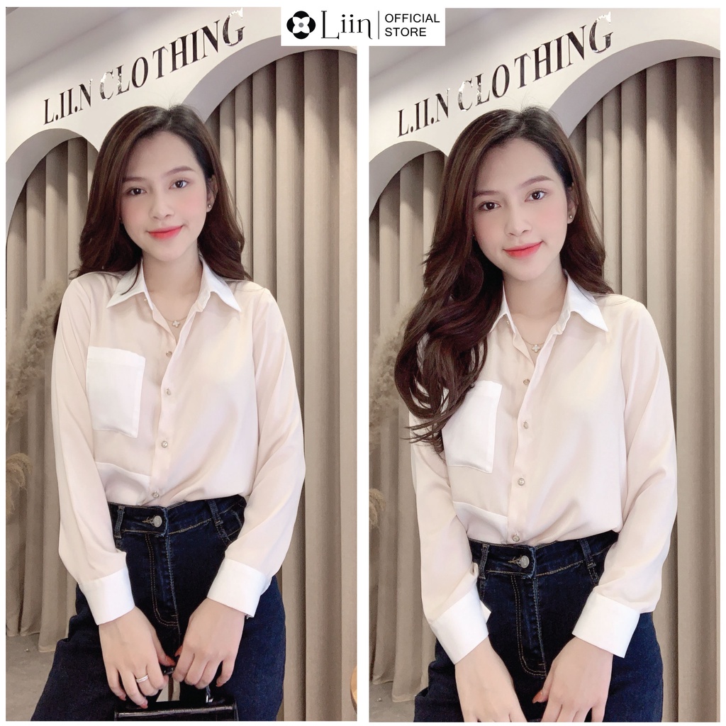 Áo sơ mi màu be phối trắng form công sở dài tay thiết kế trẻ trung Liin Clothing SM3950