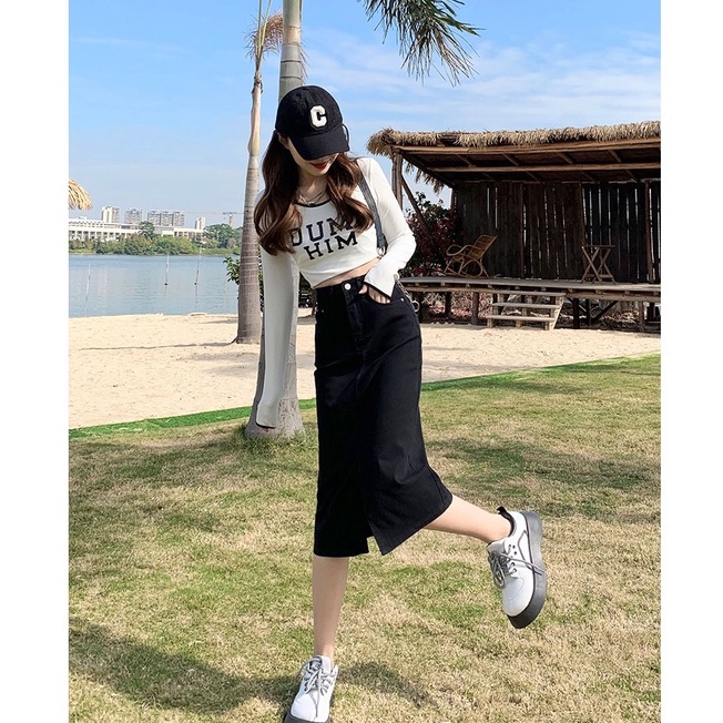 Chân váy jean dáng dài màu đen form ôm sẻ trước phong cách Ullzzang CV3